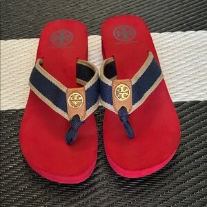 Tory Burch Red and Navy Sandals with Gold Accents